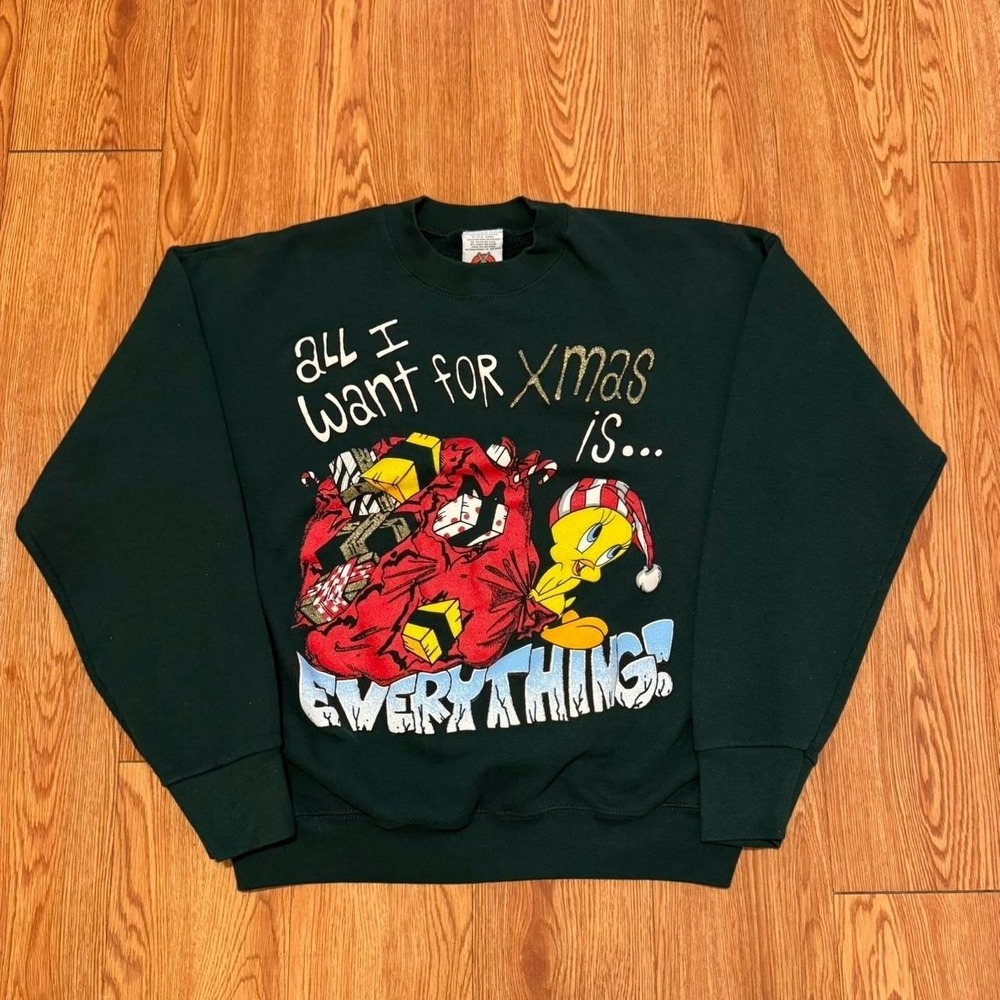 Looney Tunes Men's Sweatshirt Christmas Tweety 90s Vintage Green Size Large